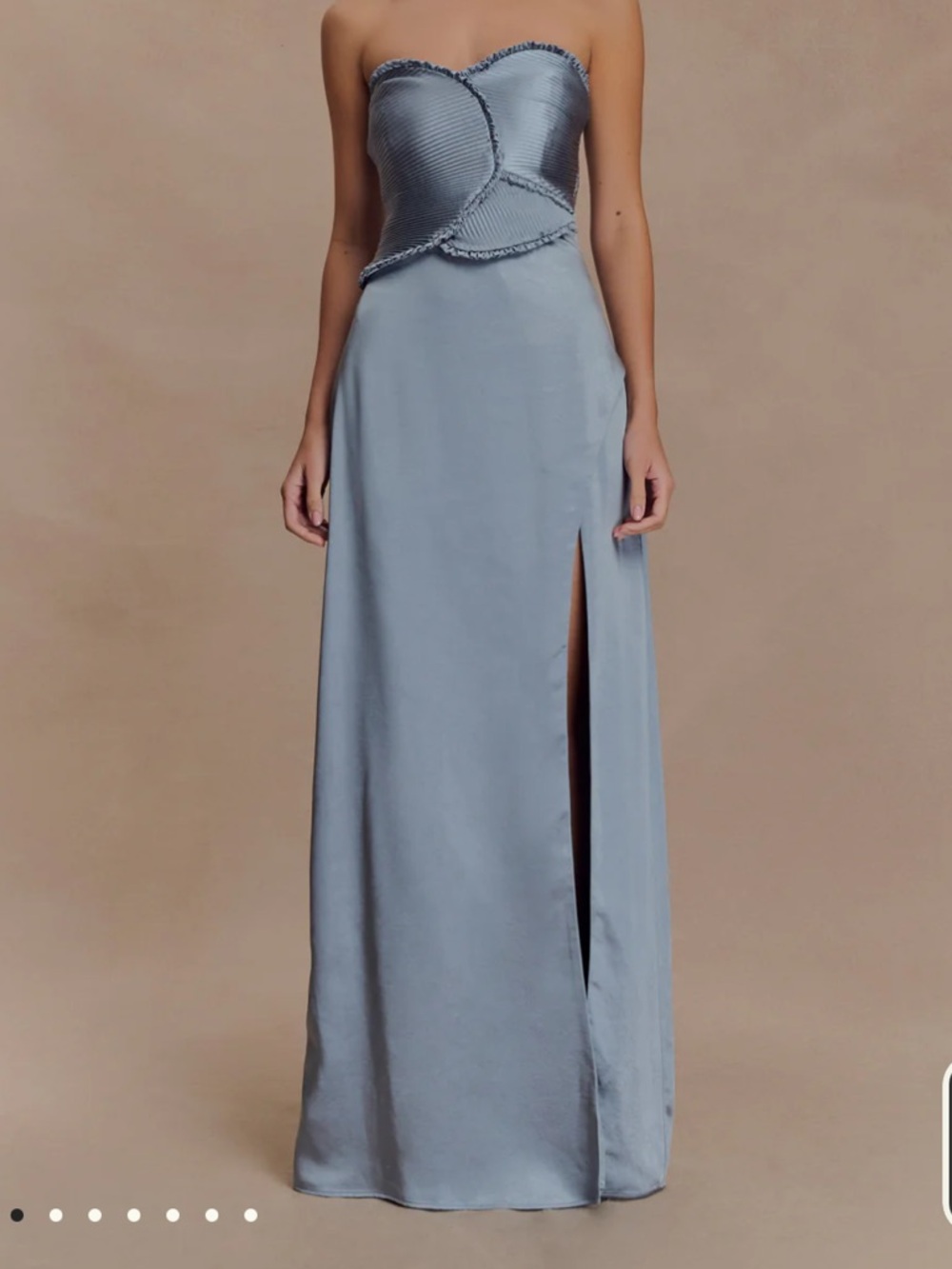 Meshki Slate Blue Strapless Satin Gown with Side Slit